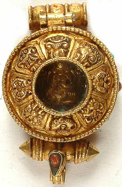 Gold Plated Ashtamangala Gau Box Pendant of Green Tara
