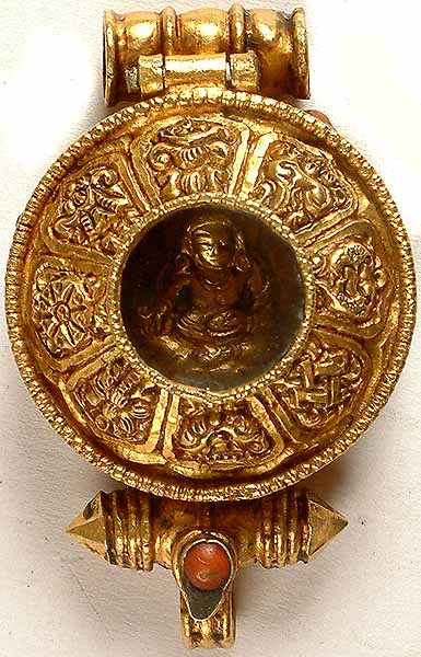 Gold plated Ashtamangala Gau Box Pendant of Guru Rinpoche