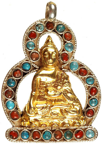 Gold Plated Bhumisparsha Buddha Pendant with Gemstone (Coral and Turquoise)