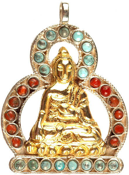 Gold Plated Bhumisparsha Buddha Pendant with Gemstone (Turquoise and Coral)