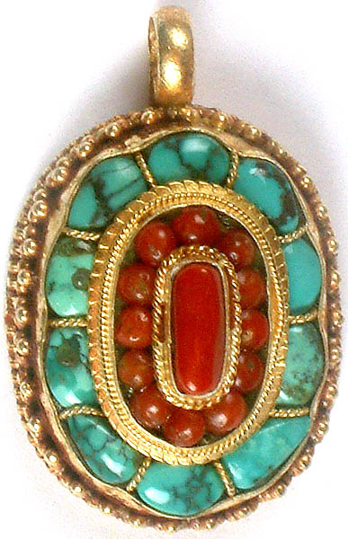 Gold Plated Coral and Turquoise Pendant