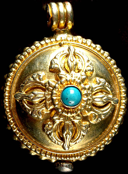 Gold Plated Double-Sided Vishva Vajra Gau Box Pendant with Central Turquoise and Ten Syllable Kalachakra Mantra on Reverse