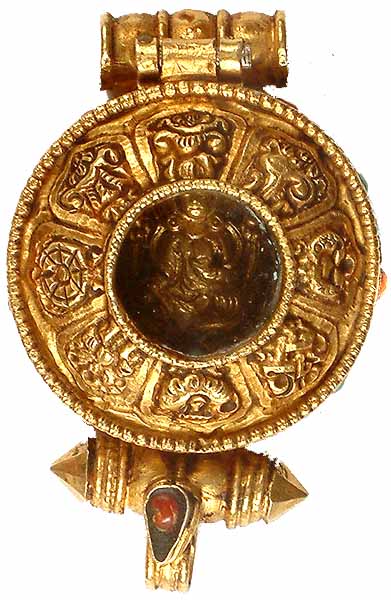 Gold Plated Green Tara Pendant with Ashtamangala