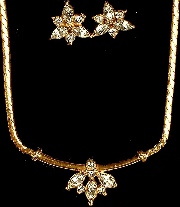 Gold Plated Necklace with Cut Glass Earrings