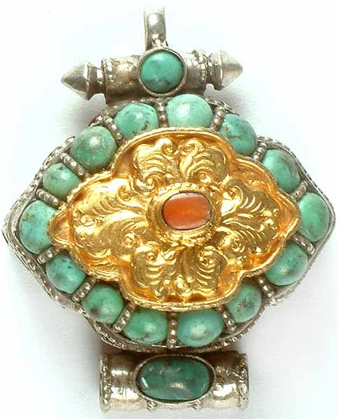 Gold Plated Tibetan Gau Box Pendant with Turquoise & Coral