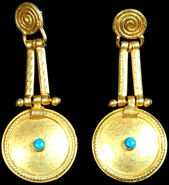 Gold Post Earrings with Central Turquoise and Spirals