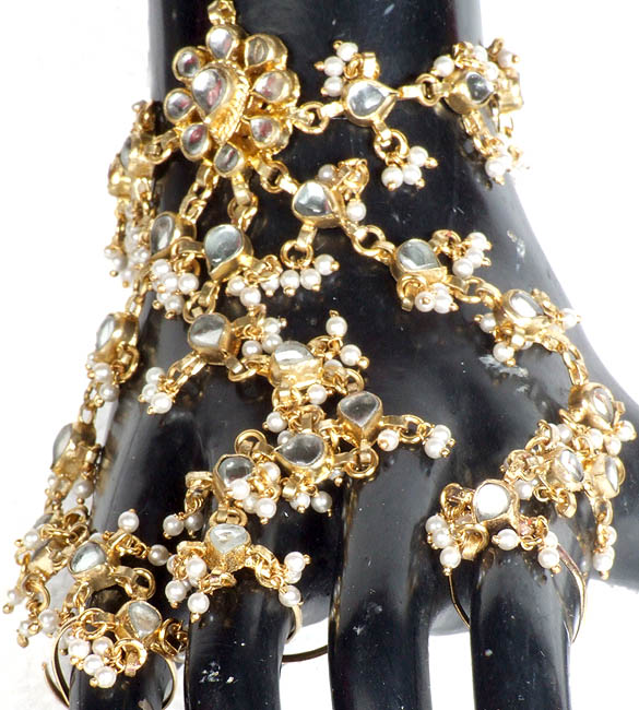 Golden Kundan Slave Bracelet with Faux Pearls