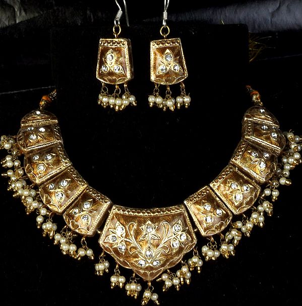 Golden Mughal Meenakari Necklace and Earrings Set with Floral Motif