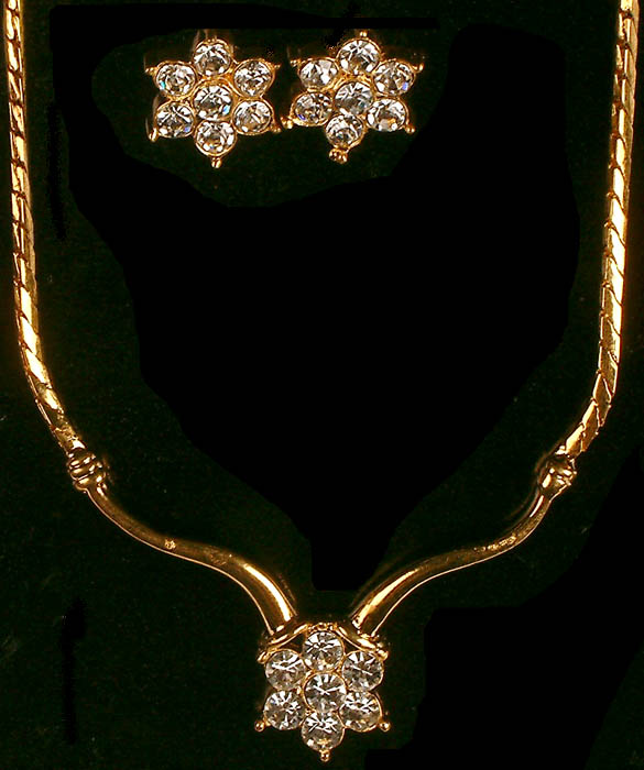 Golden Necklace with Cut Glass and Earrings