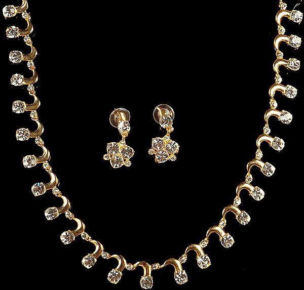 Golden Necklace with Cut Glass and Matching Earrings Set