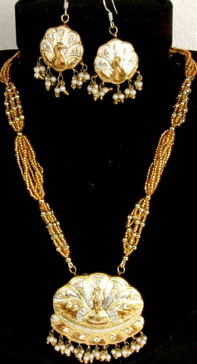 Golden Peacock Necklace and Earrings Set with Beads