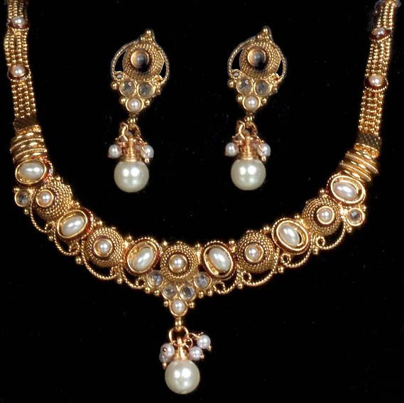 Golden Polki Necklace and Earrings Set with Faux Pearl