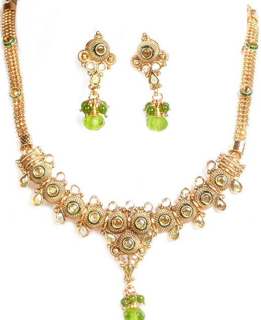Golden Polki Necklace and Earrings Set with Faux Peridot