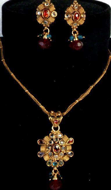 Golden Polki Necklace and Earrings Set with Multi-Color Cut Glass