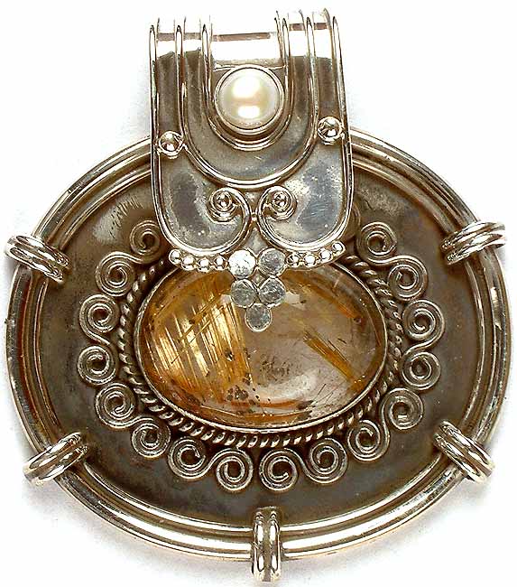 Golden Rutile Pendant with Pearl & Spirals