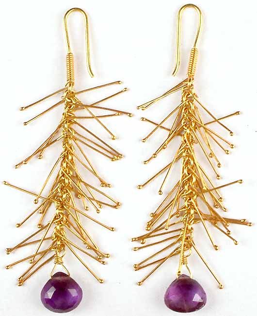 Golden Spike Earrings with Faceted Amethyst