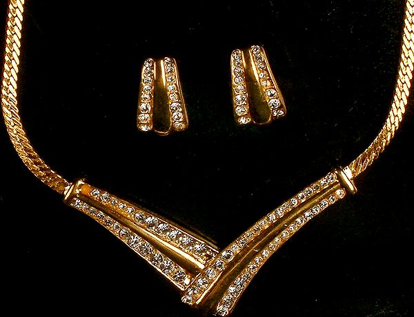Gold-Plated Crystal Necklace with Earrings