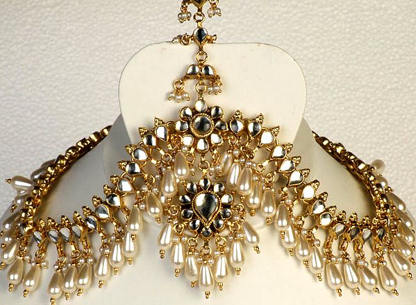 Gold-Plated Kundan Maatha-Patti (Forehead Ornament) with Faux Pearls
