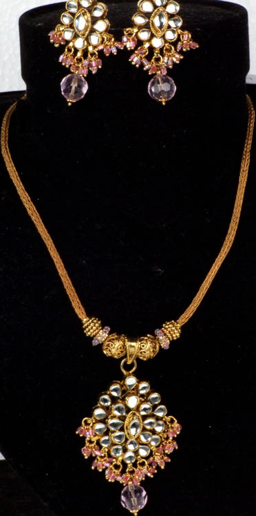 Gold-Plated Kundan Necklace with Pink Cut-Glass Beads and Earrings