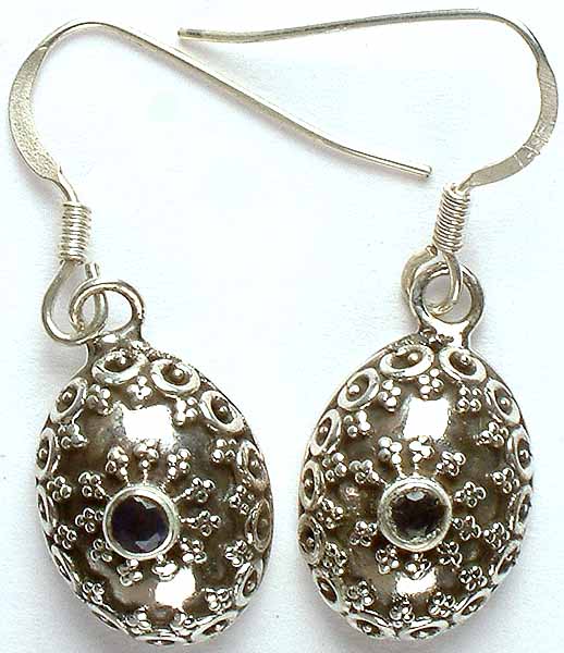 Granulated Earrings with Central Iolite