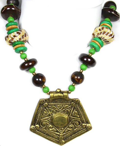 Green and Brown Beaded Necklace with Golden Metallic Pendant