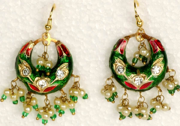 Green and Red Meenakari Cradle Earrings