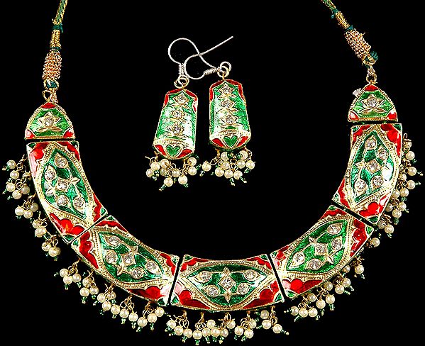 Green and Red Meenakari Necklace and Earrings Set