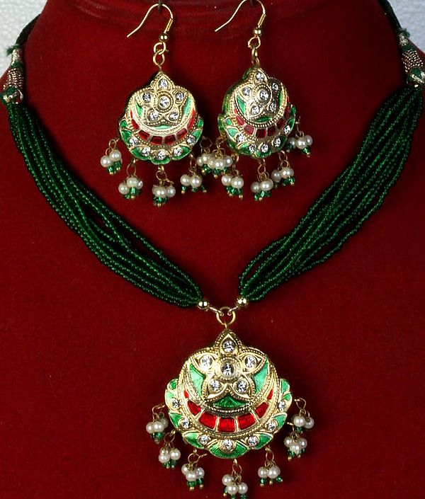 Green and Red Necklace and Earrings Set with Islamic Crescent Moon