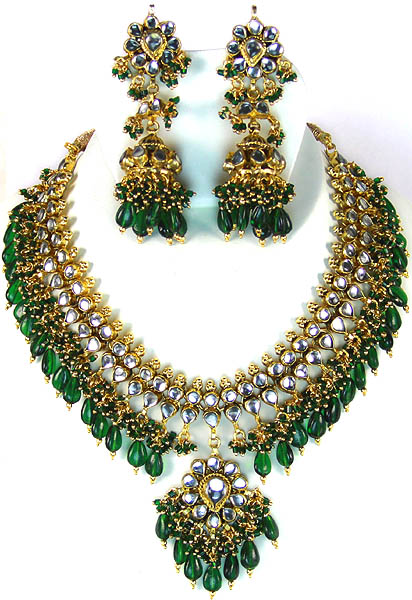 Green Bridal Kundan Necklace Set with Chandelier Earrings