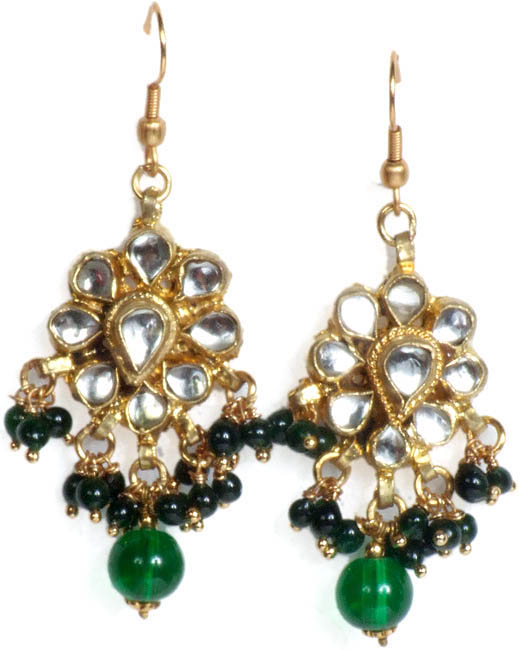 Green Kundan Earrings with Dangling Beads