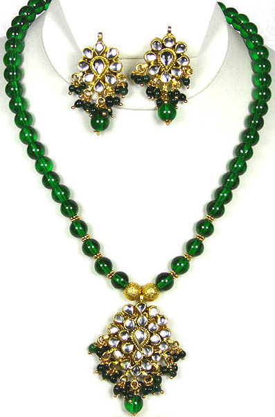 Green Kundan Necklace Set with Glass Beads