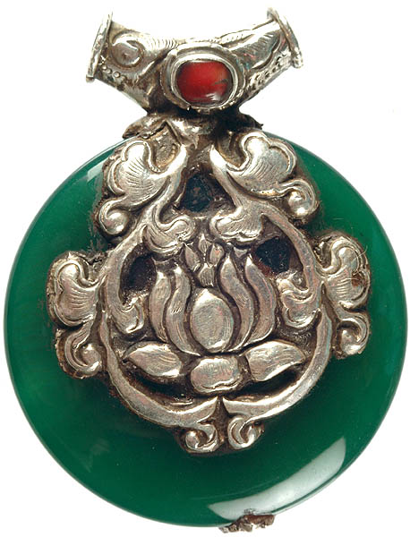 Green Onyx Double-sided Pendant with Lotus (Ashtamangala) and Coral