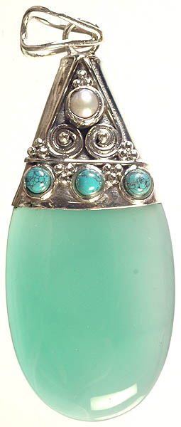 Green Onyx with Turquoise and Pearl Pendant