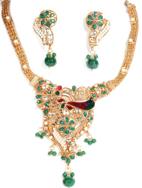 Green Polki Meenakari Necklace and Earrings Set with Faux Emeralds