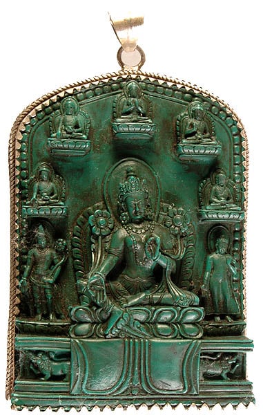 Green Tara Pendant Cum Altar Piece with Five Cosmic Buddhas, Padmapani Avalokiteshvara and Standing Buddha (Carved in Stone)
