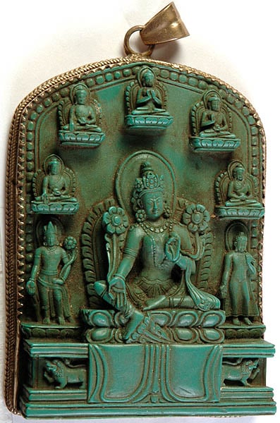 Green Tara Pendant with Five Cosmic Buddhas, Padmapani Avalokiteshvara and Standing Buddha
