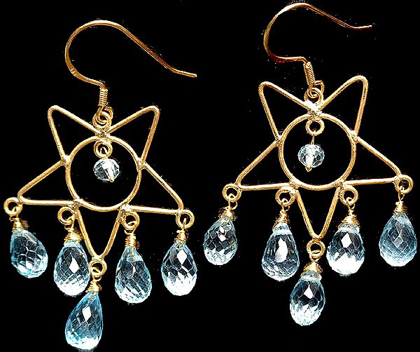 Handcrafted Star Earrings with Fine Cut Aquamarine Dangling Drops