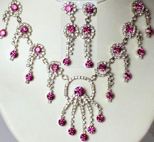 Hot-Pink Victorian Necklace and Earrings Set with Cut Glass