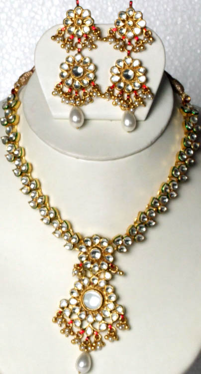 Imitation Kundan Necklace Set with Dangling Beads
