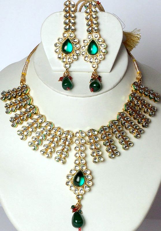 Imitation Kundan Necklace Set with Green Accents