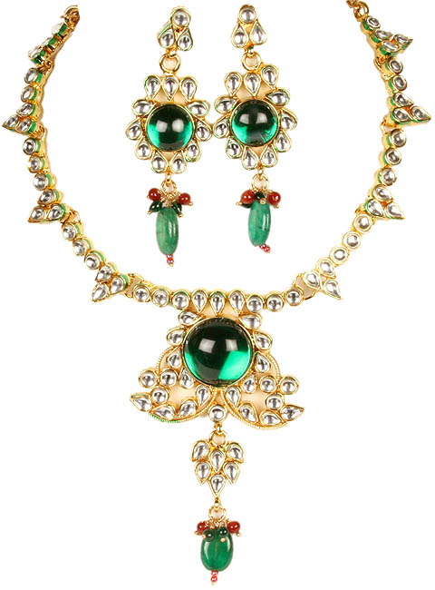 Imitation Kundan Necklace Set with Green Center Piece