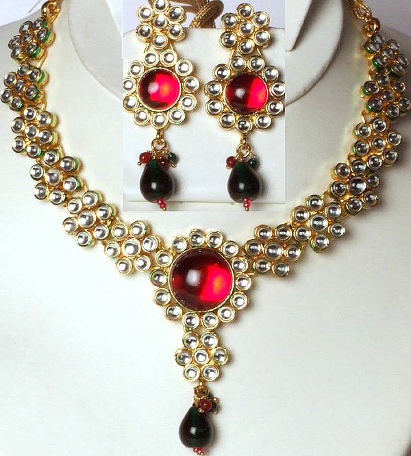 Imitation Kundan Necklace Set with Red Center Piece