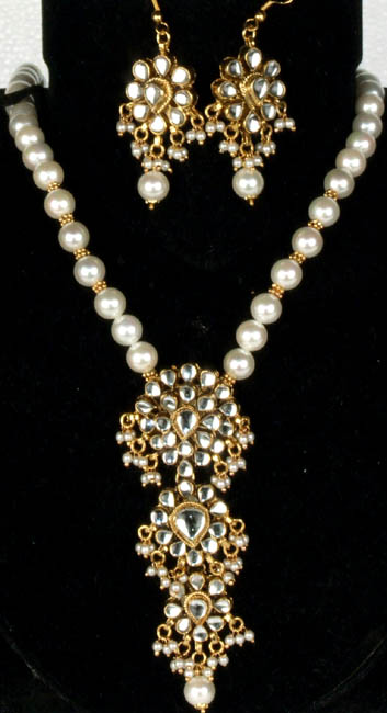 Imitation Pearls and Kundan Necklace Set with Large Pendant