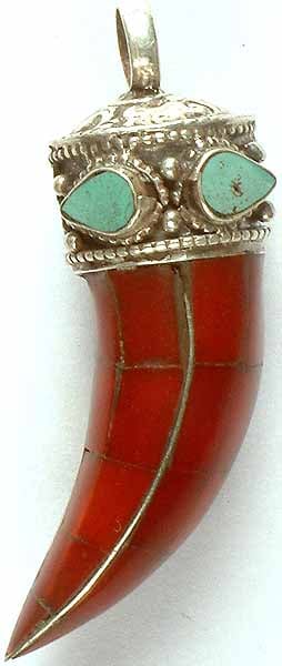Inlay Coral Claw Pendant with Om Mani Padme Hum