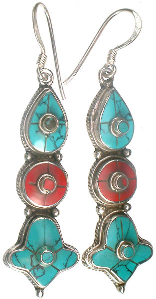 Inlay Nepalese Earrings (Coral and Turquoise)