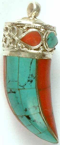 Inlay Turquoise & Coral Tiger Claw Pendant