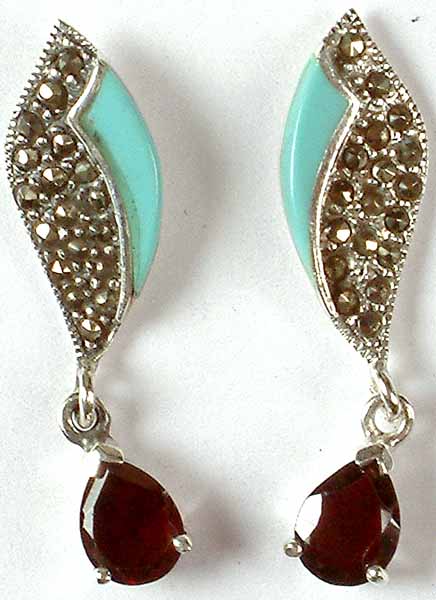 Inlay Turquoise Earrings with Faceted Garnet Dangle
