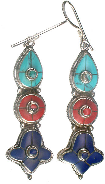Inlay Turquoise, Lapis and Coral Earrings