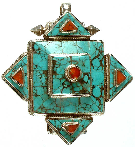 Inlay Turquoise Mandala Box Pendant with Coral