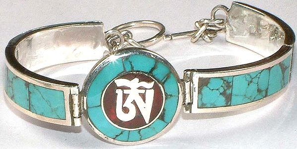 Inlay Turquoise Om (AUM) Bracelet with Coral